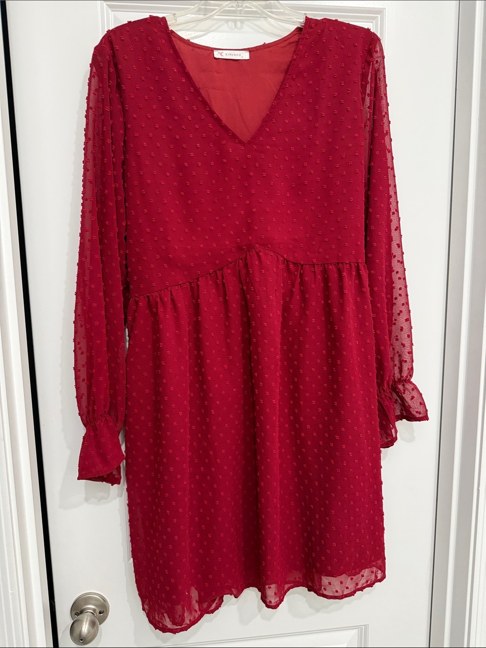 Burgundy V-Neck Long-Sleeve Dress